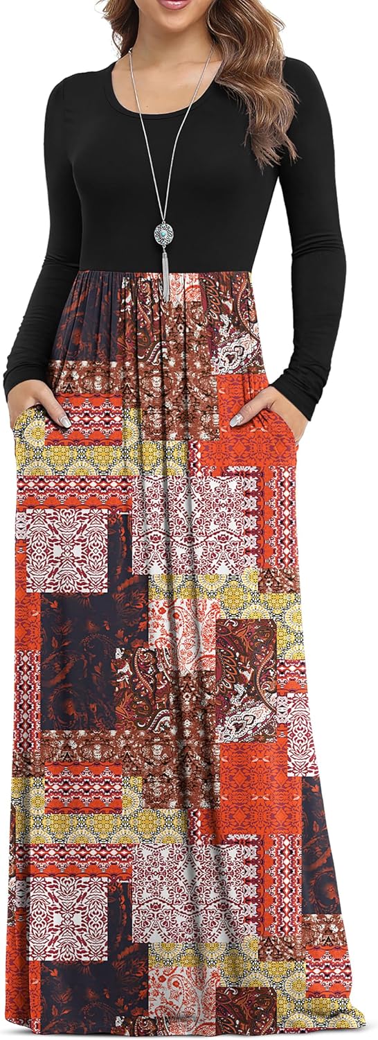 VIISHOW Women's Long Sleeve Casual Empire Waist Maxi Dress with Pockets | Soft stretch,Loose\u2011flowing dress,Full\u2011length cut,For church & daily occasions,Layer for cool Fall\u2011Winter,Casual to Formal