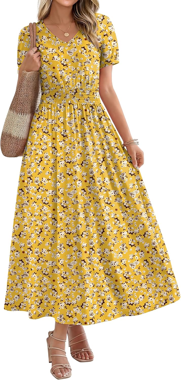 OFEEFAN Maxi Dresses for Women V Neck Ladies Midi Long Dress A Line Smocked Waisted Casual Summer Spring Clothes Boho Beach