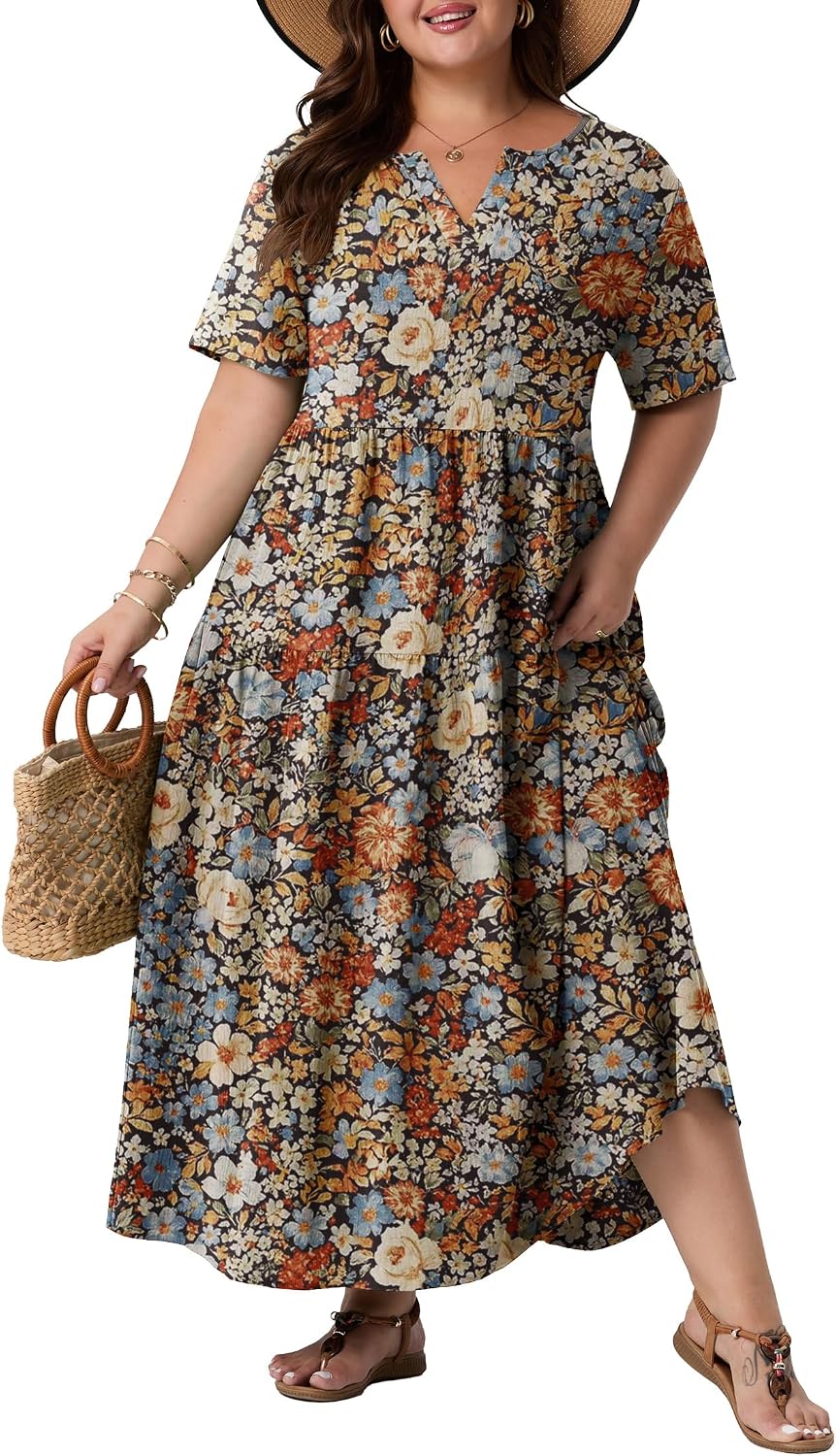 OLRIK Plus Size Maxi Dresses for Curvy Women - Flowy Boho Summer Dress with Pockets, V-Neck Short Sleeve for Beach Vacation