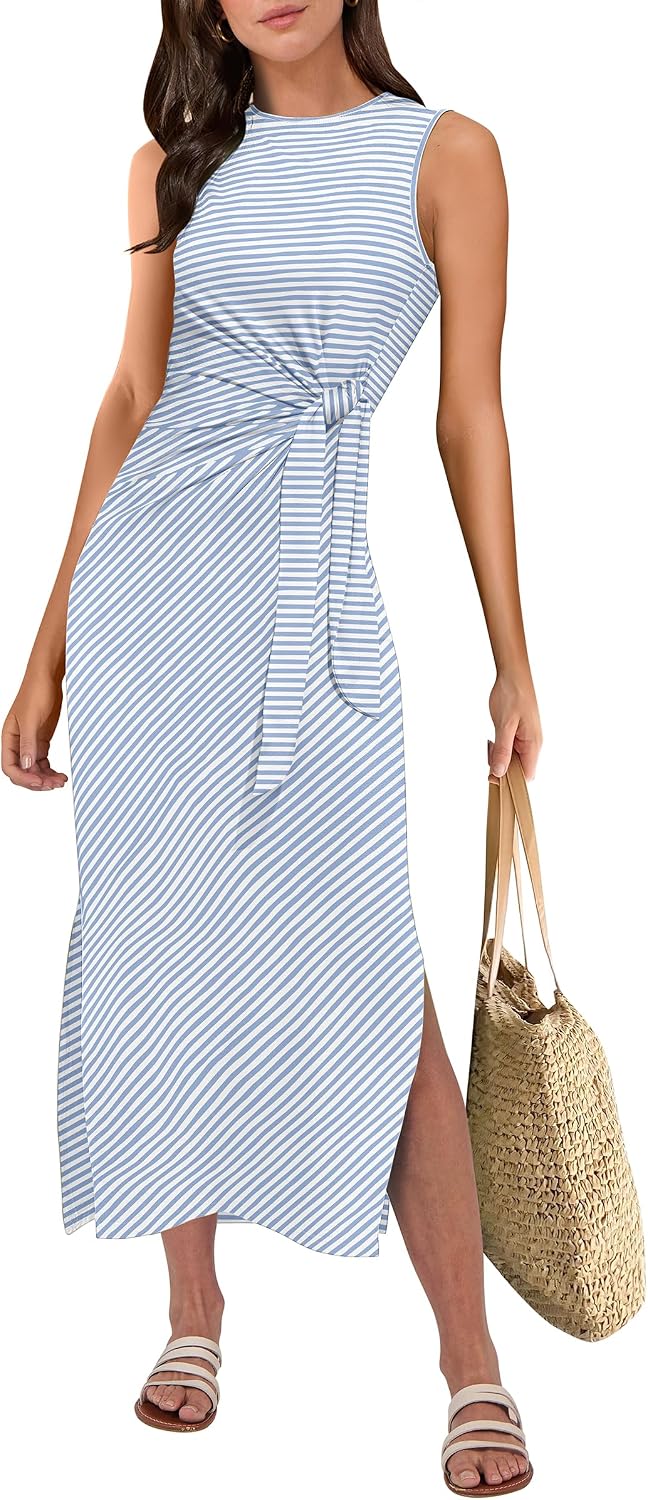 ANRABESS Women's Sleeveless T-Shirt Midi Tank Dress | Summer Casual, Slim Fit, Tie Waist Split Trendy Long Dresses, 2026 Travel Vacation Beach Sundress, Soft Comfy