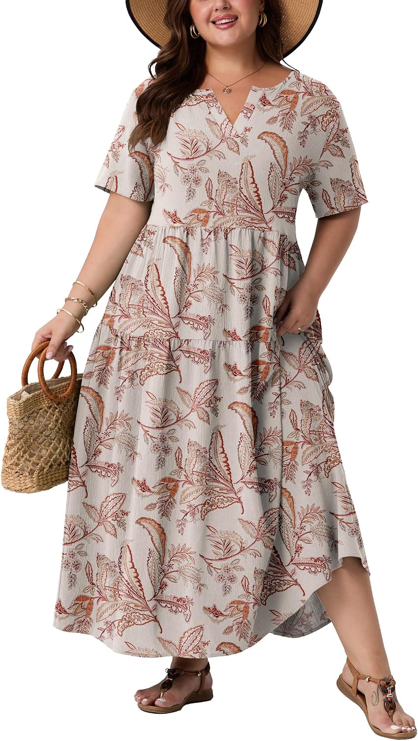 OLRIK Plus Size Maxi Dresses for Curvy Women - Flowy Boho Summer Dress with Pockets, V-Neck Short Sleeve for Beach Vacation
