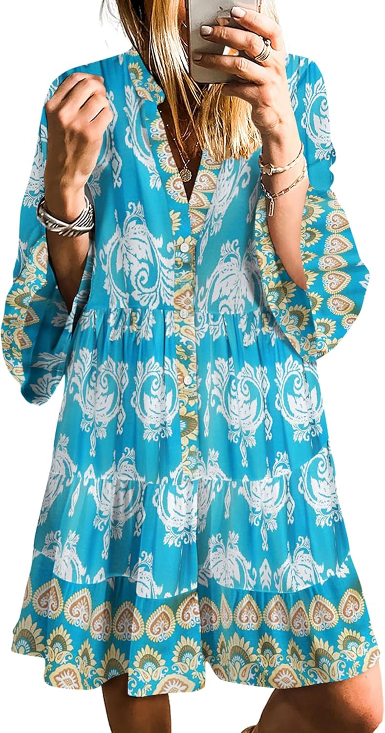 SELINK Womens Long Sleeve Dresses Casual V Neck Tribal Mini Beach Dress | flowy summer dress, front button, bell sleeve, boho, tiered, loose fit for vacation daily outfits