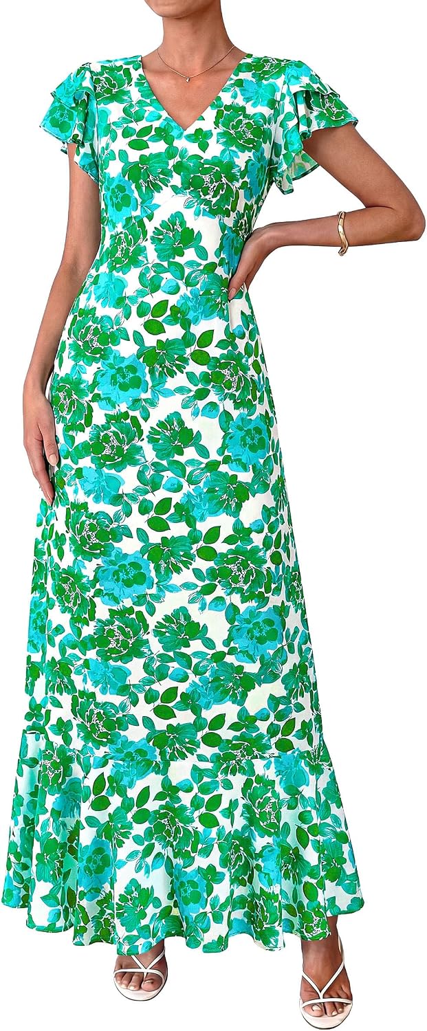 PRETTYGARDEN Womens Summer Boho Floral Maxi Dress | V Neck Ruffle Sleeve Tiered A-Line Sundress, Lightweight Flowy Long Dresses for Spring Wedding Guest, Cocktail Party, Cruise