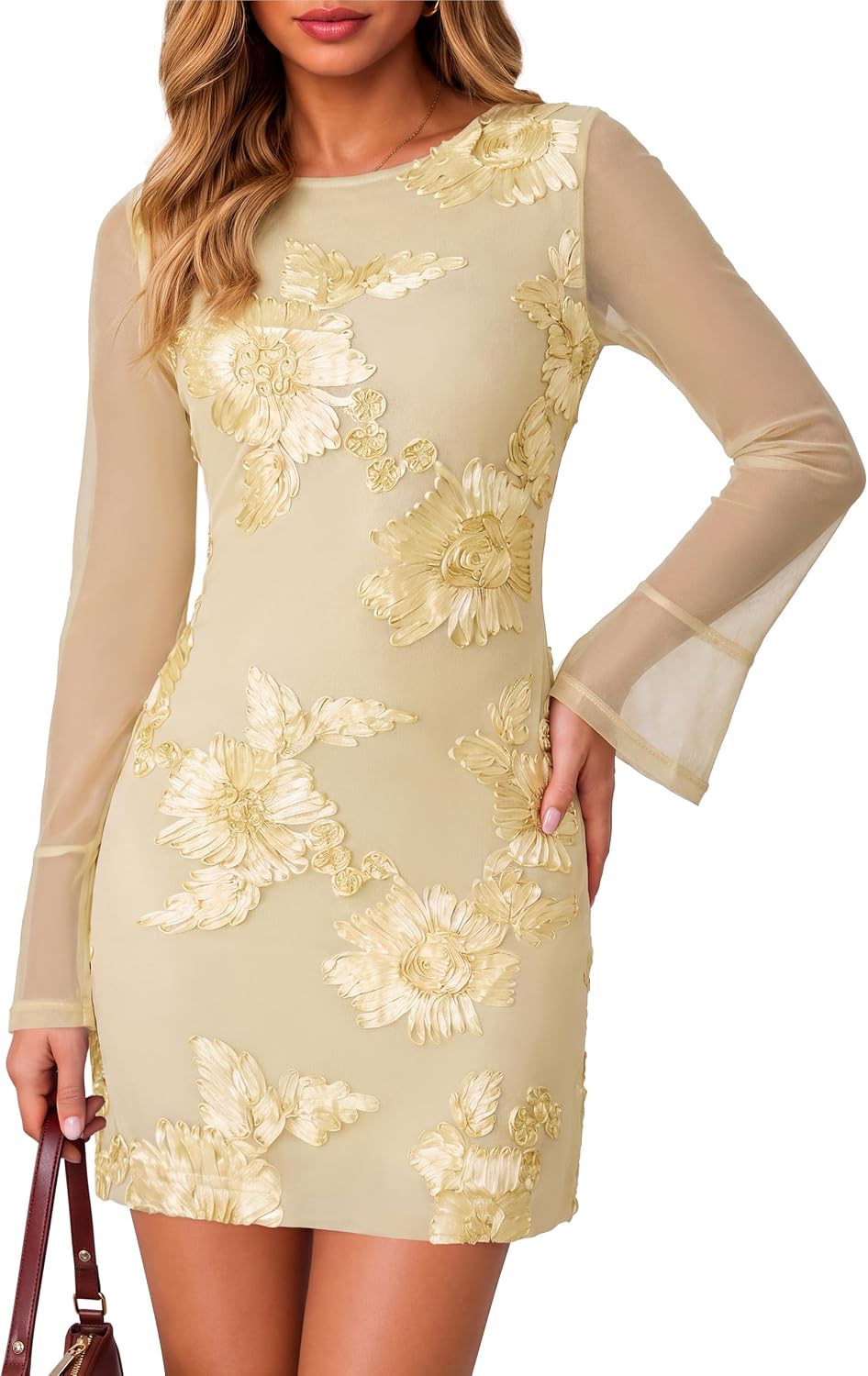 Simplee Womens Mini Fall Wedding Guest Dresses Mesh Bodycon Floral Dress | Crew Neck, Flare Long Sleeve, Semi Formal Cocktail Party Dress 2026, Short Baby Bridal Shower, Winter Evening Gowns Outfits