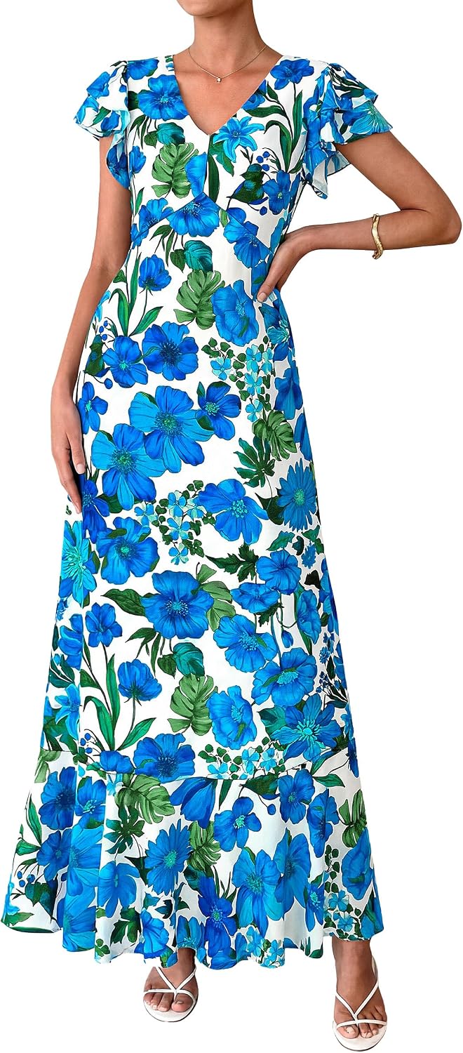 PRETTYGARDEN Womens Summer Boho Floral Maxi Dress | V Neck Ruffle Sleeve Tiered A-Line Sundress, Lightweight Flowy Long Dresses for Spring Wedding Guest, Cocktail Party, Cruise