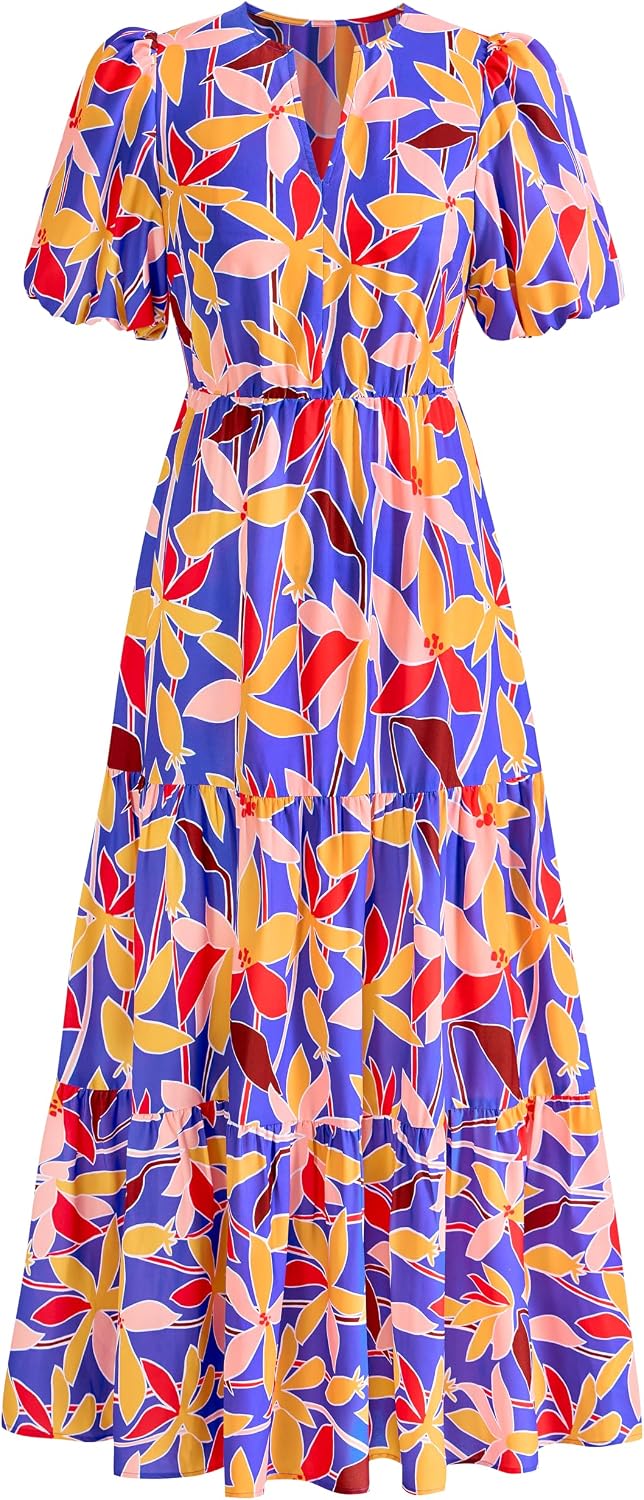 dowerme Women Summer Puff Short Sleeve Floral Boho Tiered Ruffle Maxi Dress | Casual V Neck Wedding Guest Dresses 2026,Fall Fashion A-Line Long Sundress with Pockets,Spring Flowy Beach Vacation Clothes