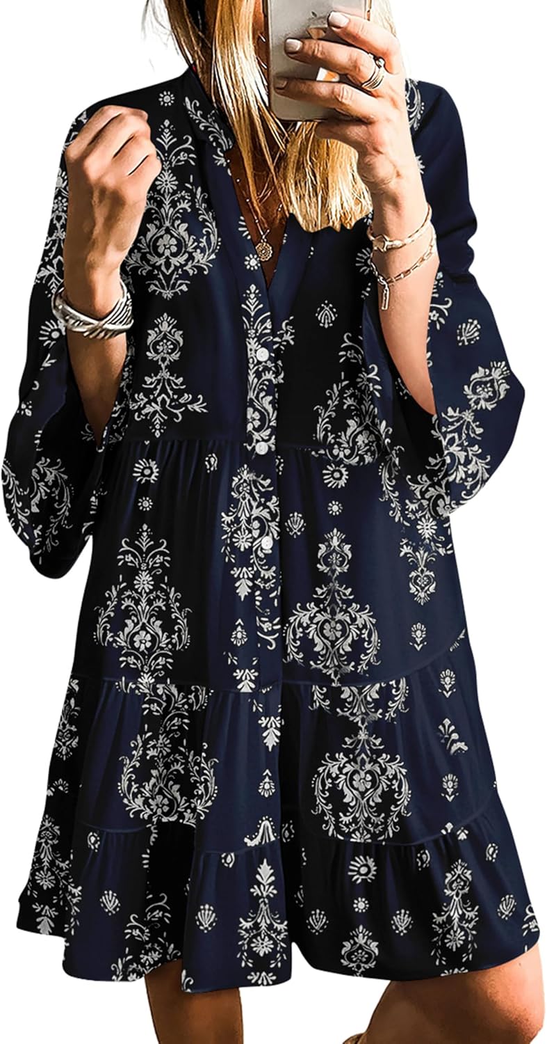 SELINK Womens Long Sleeve Dresses Casual V Neck Tribal Mini Beach Dress | flowy summer dress, front button, bell sleeve, boho, tiered, loose fit for vacation daily outfits