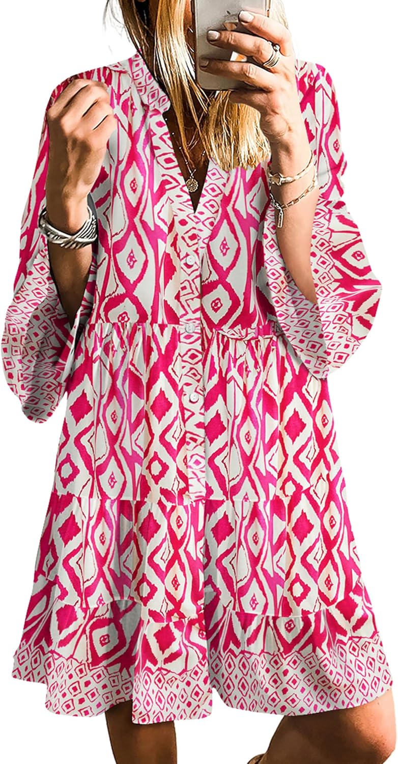 SELINK Womens Long Sleeve Dresses Casual V Neck Tribal Mini Beach Dress | flowy summer dress, front button, bell sleeve, boho, tiered, loose fit for vacation daily outfits