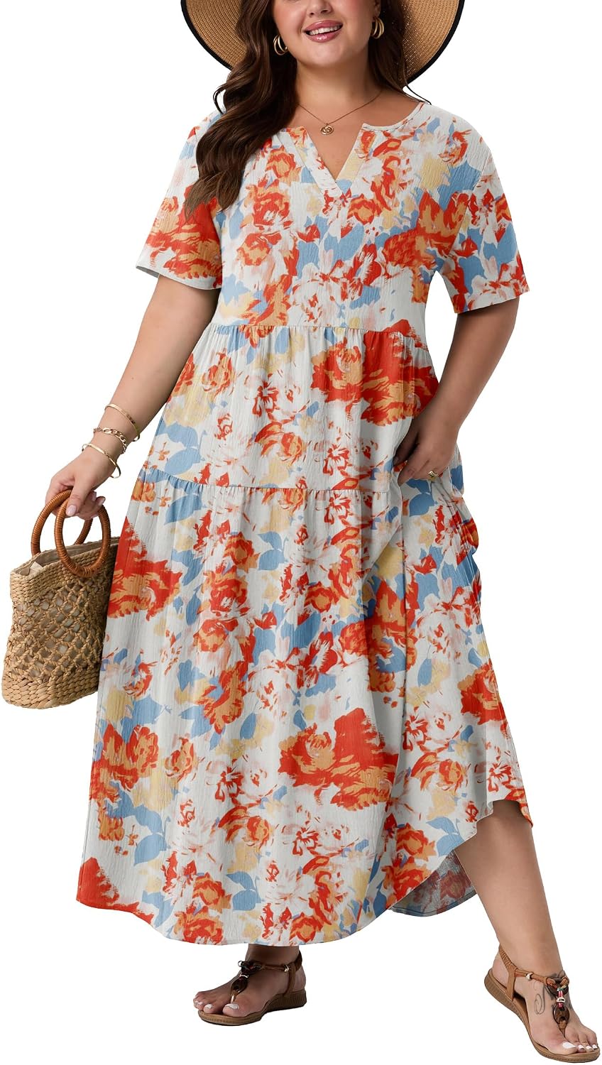 OLRIK Plus Size Maxi Dresses for Curvy Women - Flowy Boho Summer Dress with Pockets, V-Neck Short Sleeve for Beach Vacation