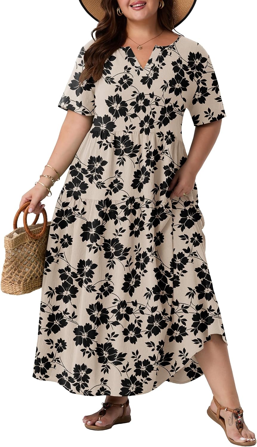 OLRIK Plus Size Maxi Dresses for Curvy Women - Flowy Boho Summer Dress with Pockets, V-Neck Short Sleeve for Beach Vacation