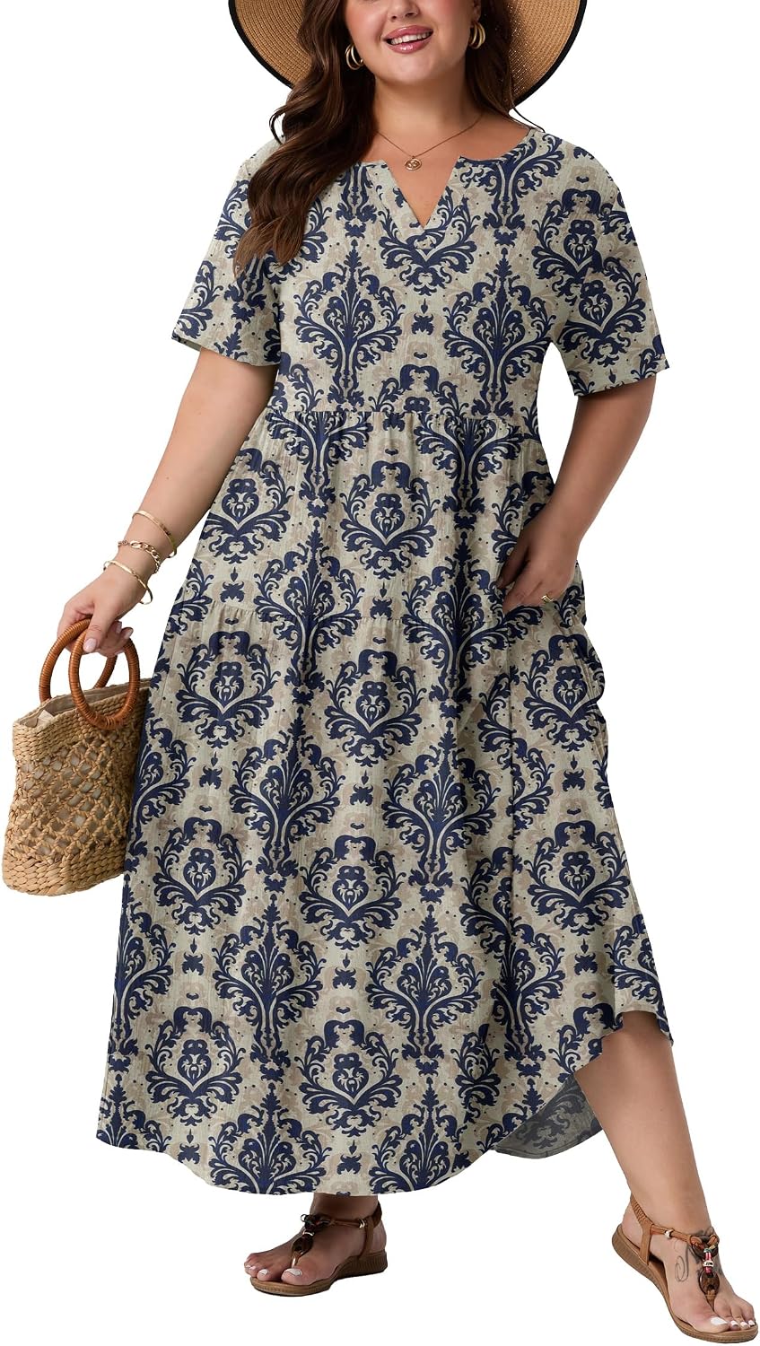 OLRIK Plus Size Maxi Dresses for Curvy Women - Flowy Boho Summer Dress with Pockets, V-Neck Short Sleeve for Beach Vacation
