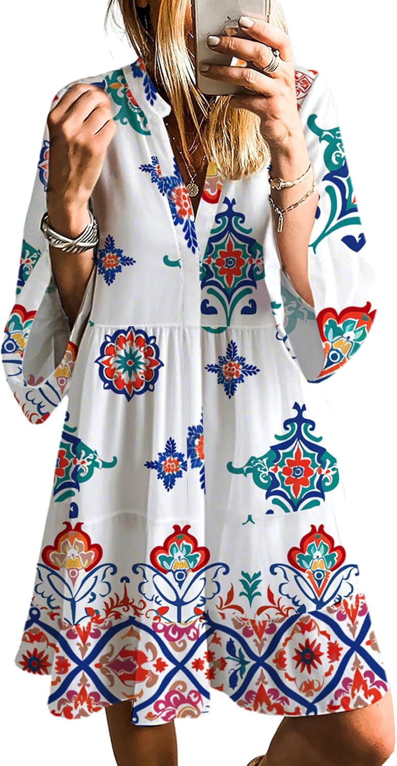 SELINK Womens Long Sleeve Dresses Casual V Neck Tribal Mini Beach Dress | flowy summer dress, front button, bell sleeve, boho, tiered, loose fit for vacation daily outfits