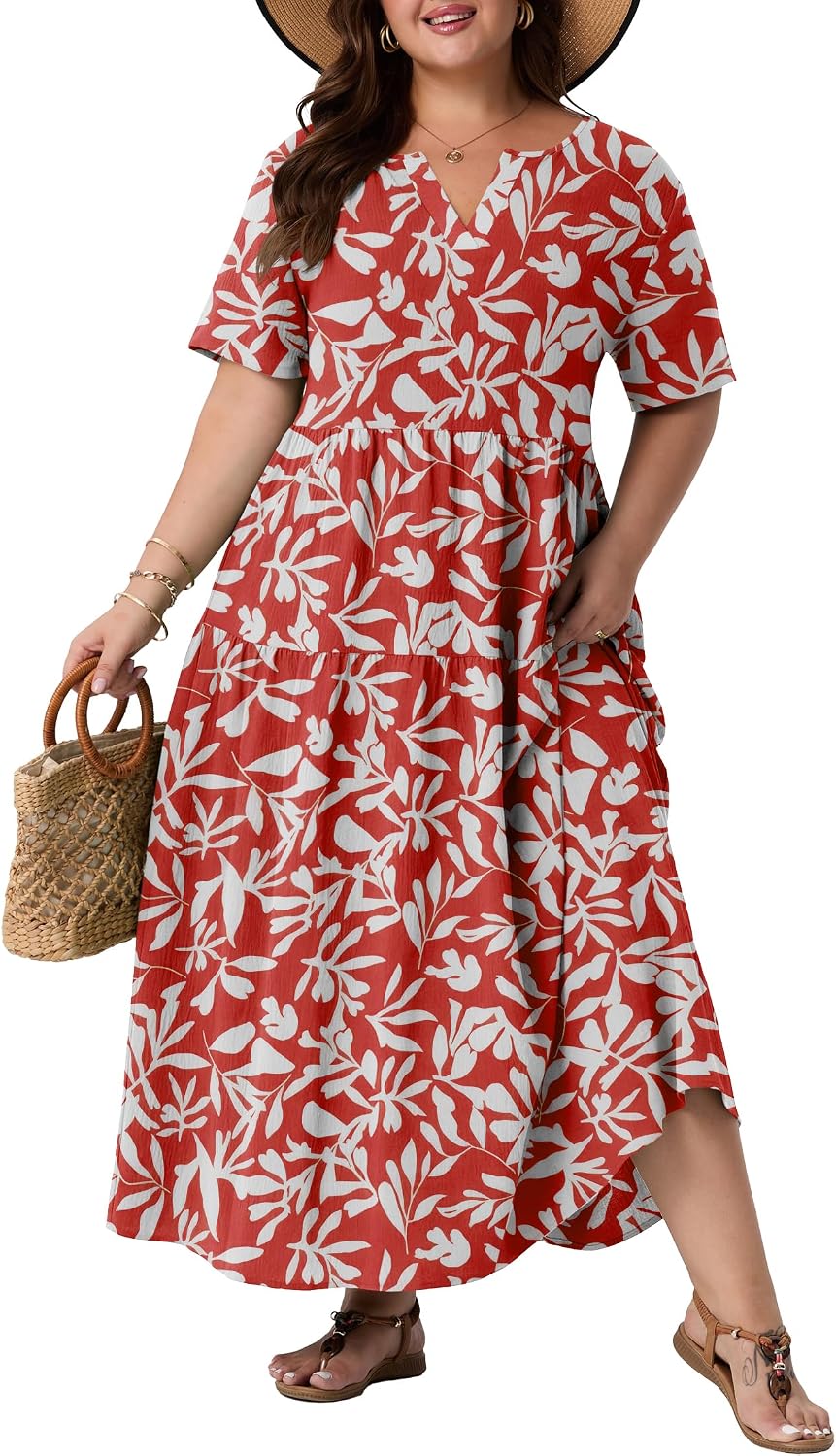 OLRIK Plus Size Maxi Dresses for Curvy Women - Flowy Boho Summer Dress with Pockets, V-Neck Short Sleeve for Beach Vacation
