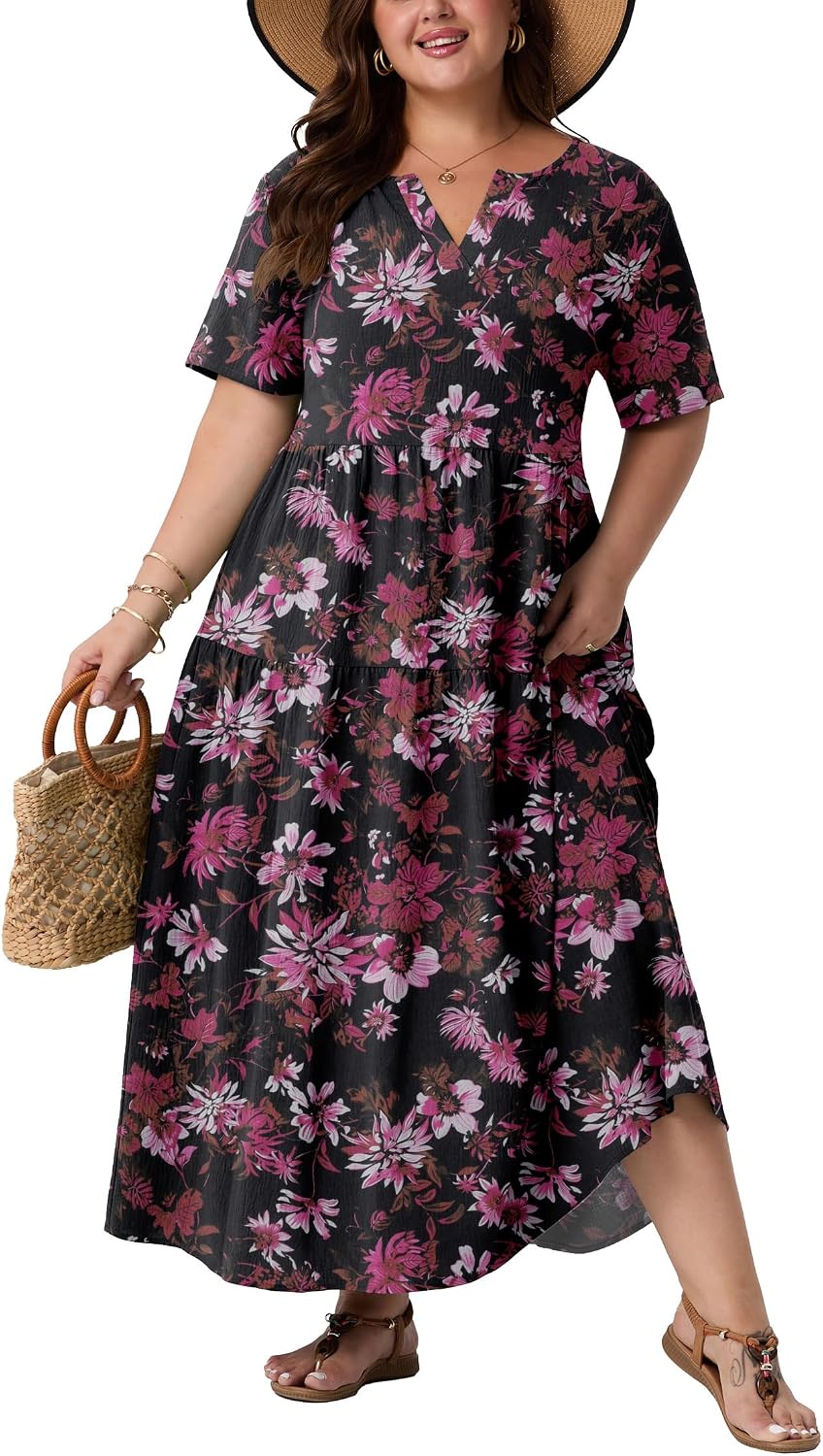 OLRIK Plus Size Maxi Dresses for Curvy Women - Flowy Boho Summer Dress with Pockets, V-Neck Short Sleeve for Beach Vacation