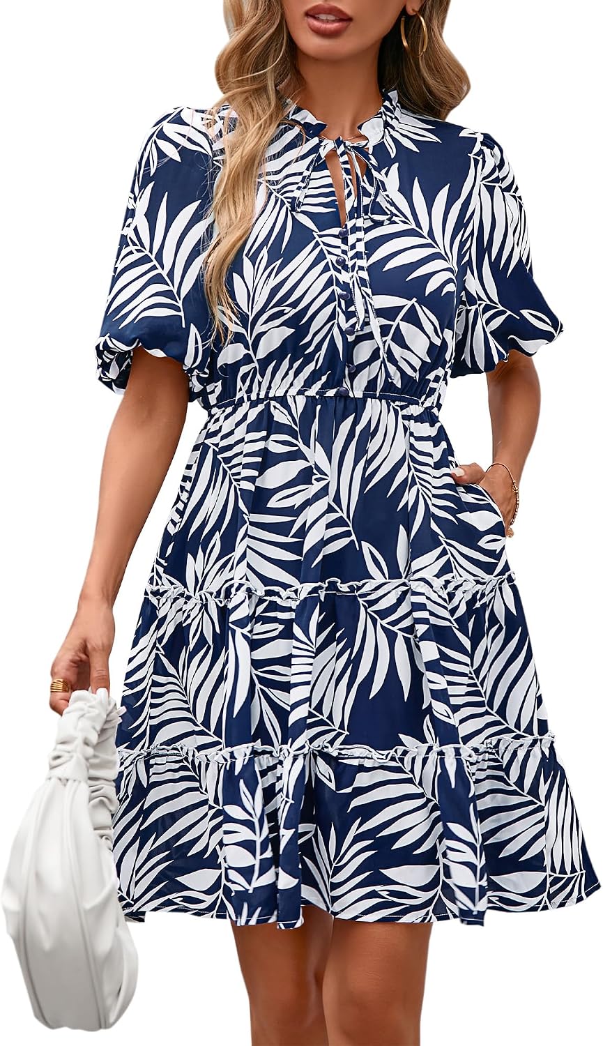 BTFBM Women Summer Floral Short Dresses V Neck Short Sleeve Tiered Ruffle Boho Swing Dress A-Line Mini Dresses