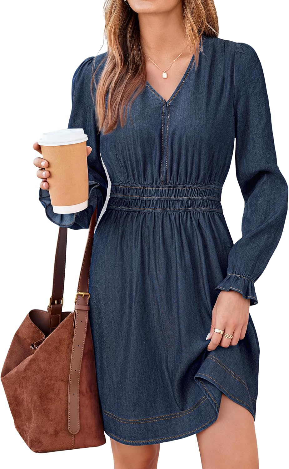 BerryGo Women's Fall Denim Dress Casual Long Sleeve V Neck Jean Dress | Long Sleeve Denim Dress, Chambray Dress, V Neck A Line Dress, Smocked Empire Waist, Mini Dress, Ruffle Cuffs, Pockets