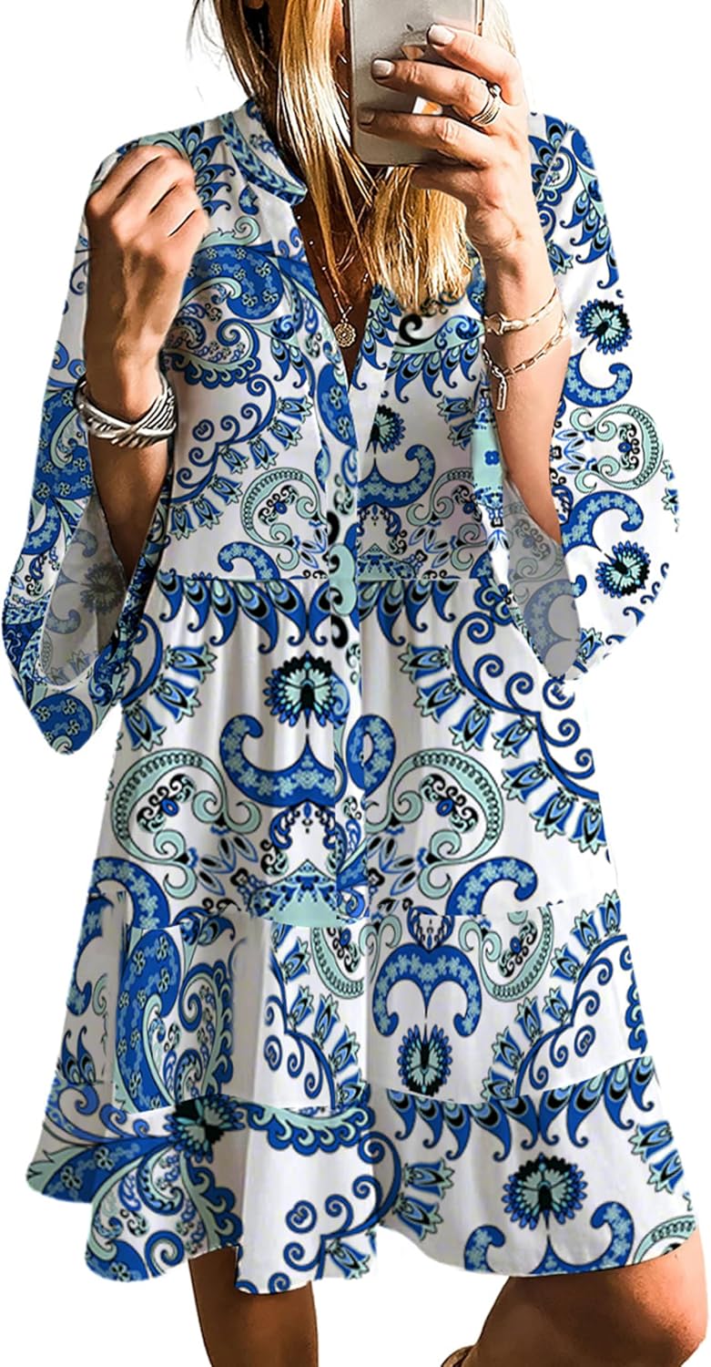 SELINK Womens Long Sleeve Dresses Casual V Neck Tribal Mini Beach Dress | flowy summer dress, front button, bell sleeve, boho, tiered, loose fit for vacation daily outfits