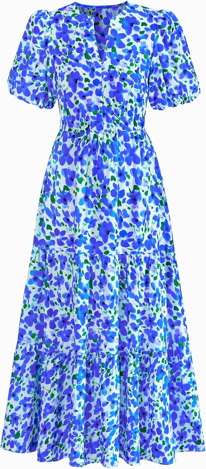 dowerme Women Summer Puff Short Sleeve Floral Boho Tiered Ruffle Maxi Dress | Casual V Neck Wedding Guest Dresses 2026,Fall Fashion A-Line Long Sundress with Pockets,Spring Flowy Beach Vacation Clothes