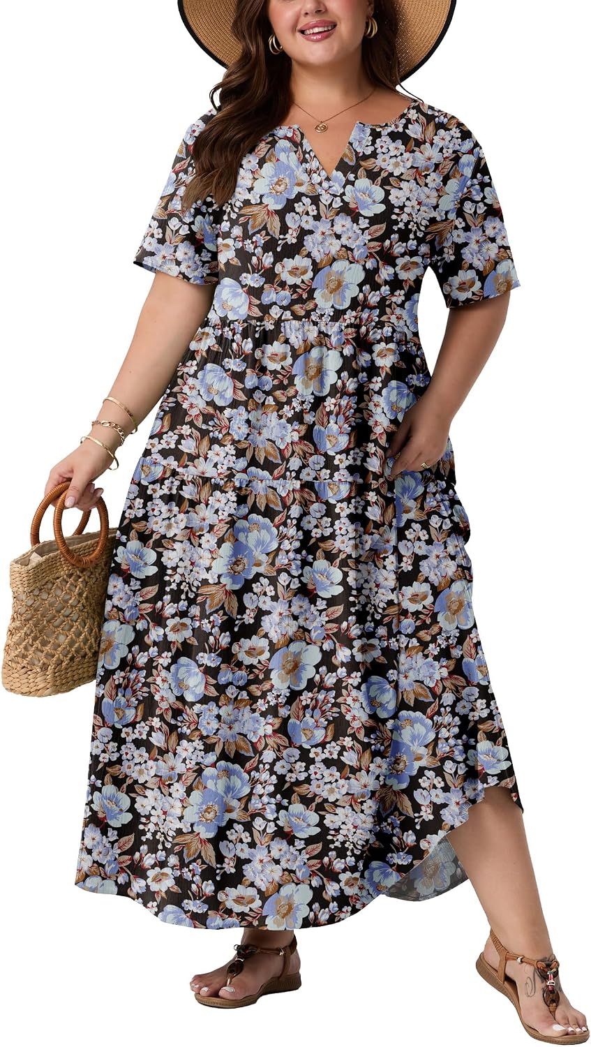 OLRIK Plus Size Maxi Dresses for Curvy Women - Flowy Boho Summer Dress with Pockets, V-Neck Short Sleeve for Beach Vacation