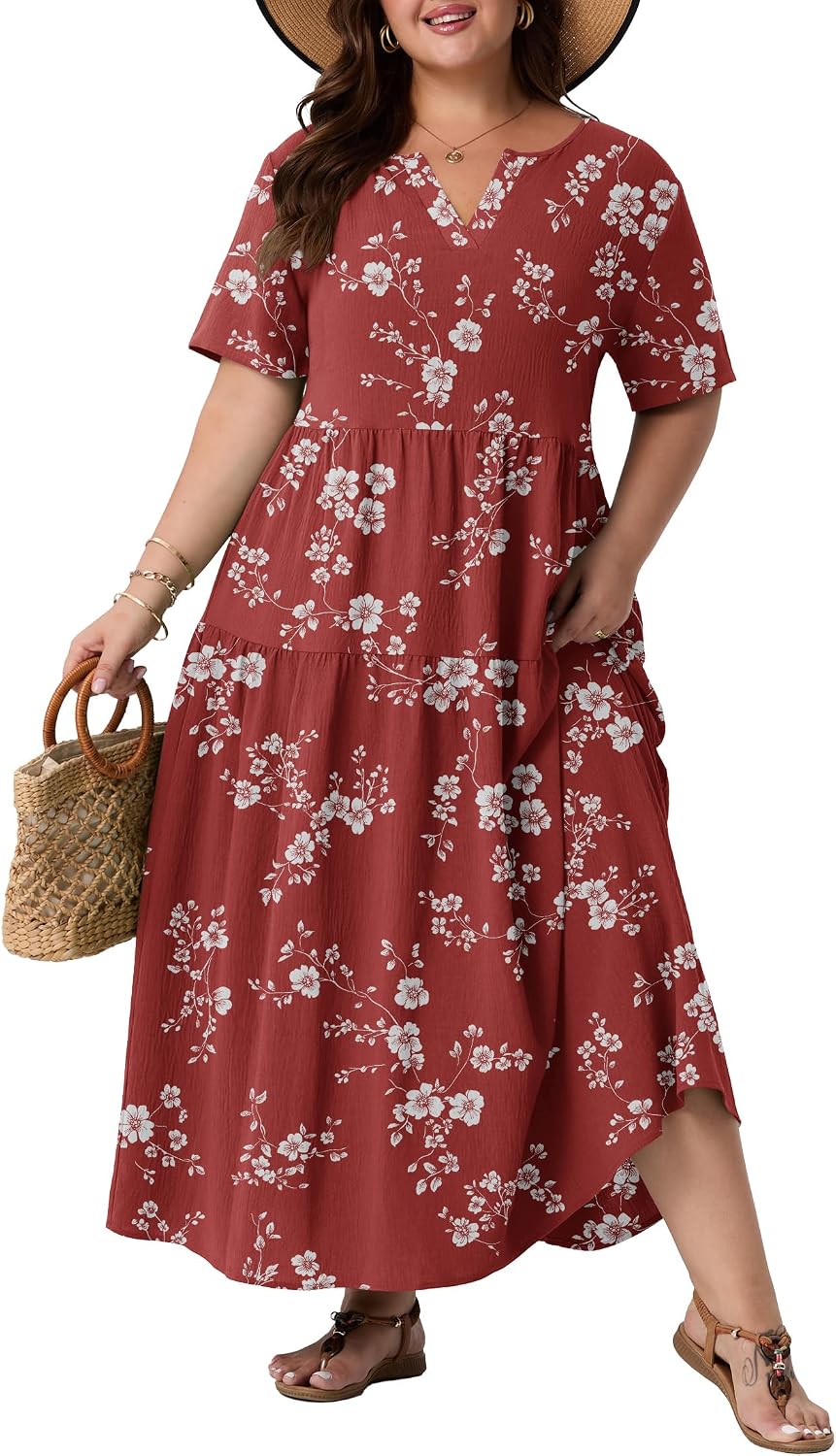 OLRIK Plus Size Maxi Dresses for Curvy Women - Flowy Boho Summer Dress with Pockets, V-Neck Short Sleeve for Beach Vacation