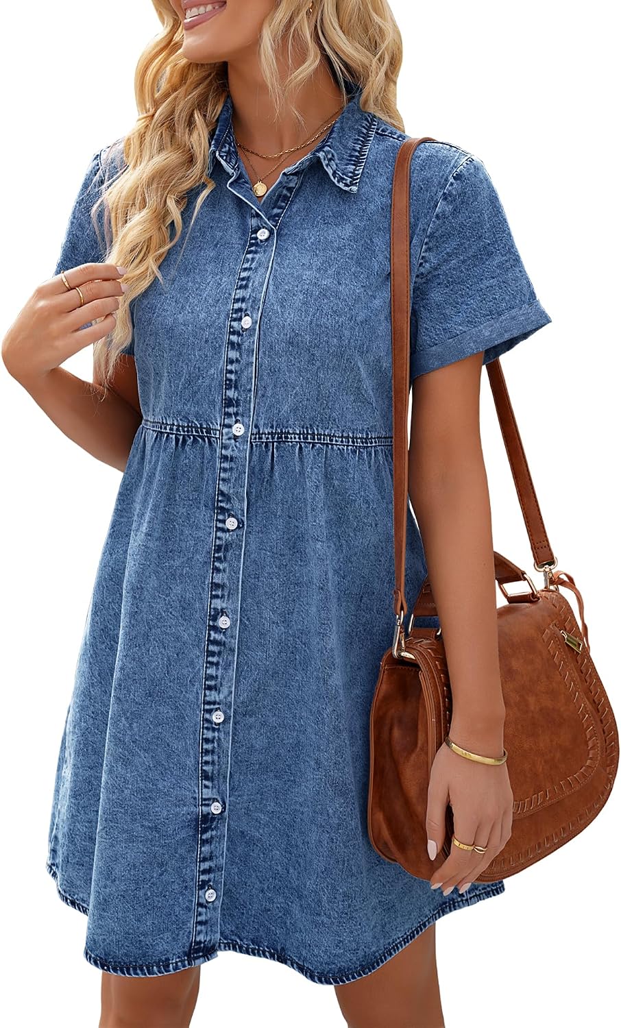 LookbookStore Denim Dress for Women Short Sleeve Flowy Babydoll Jean Dress | Trendy Womens Summer Dresses, Tiered Baby Doll Short Dress, Above Knee Length, Button Down, Daily Wear, Country Concert Dress