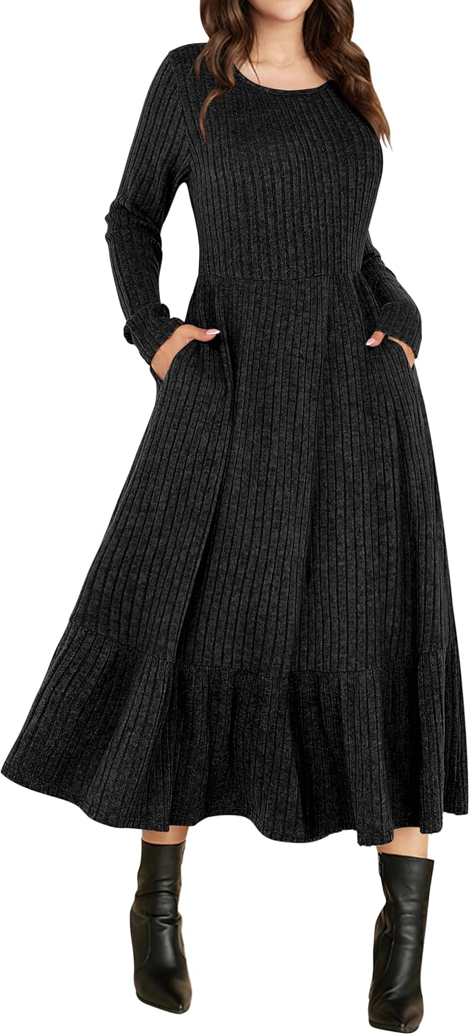 ANRABESS Womens Fall Long Sleeve Midi Dress | Crewneck Swing Flowy A Line Dresses, Soft Comfy Rib Knit, Casual Everyday Date Nights Wear, Minimal Elegant, Winter Layering