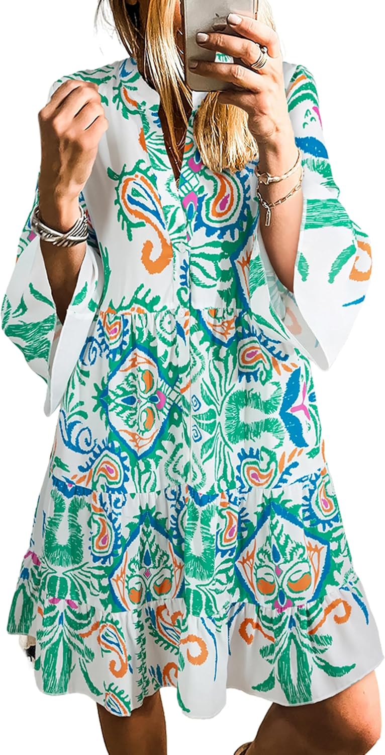 SELINK Womens Long Sleeve Dresses Casual V Neck Tribal Mini Beach Dress | flowy summer dress, front button, bell sleeve, boho, tiered, loose fit for vacation daily outfits