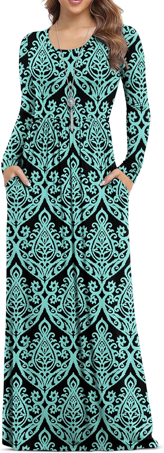 VIISHOW Women's Long Sleeve Casual Empire Waist Maxi Dress with Pockets | Soft stretch,Loose\u2011flowing dress,Full\u2011length cut,For church & daily occasions,Layer for cool Fall\u2011Winter,Casual to Formal