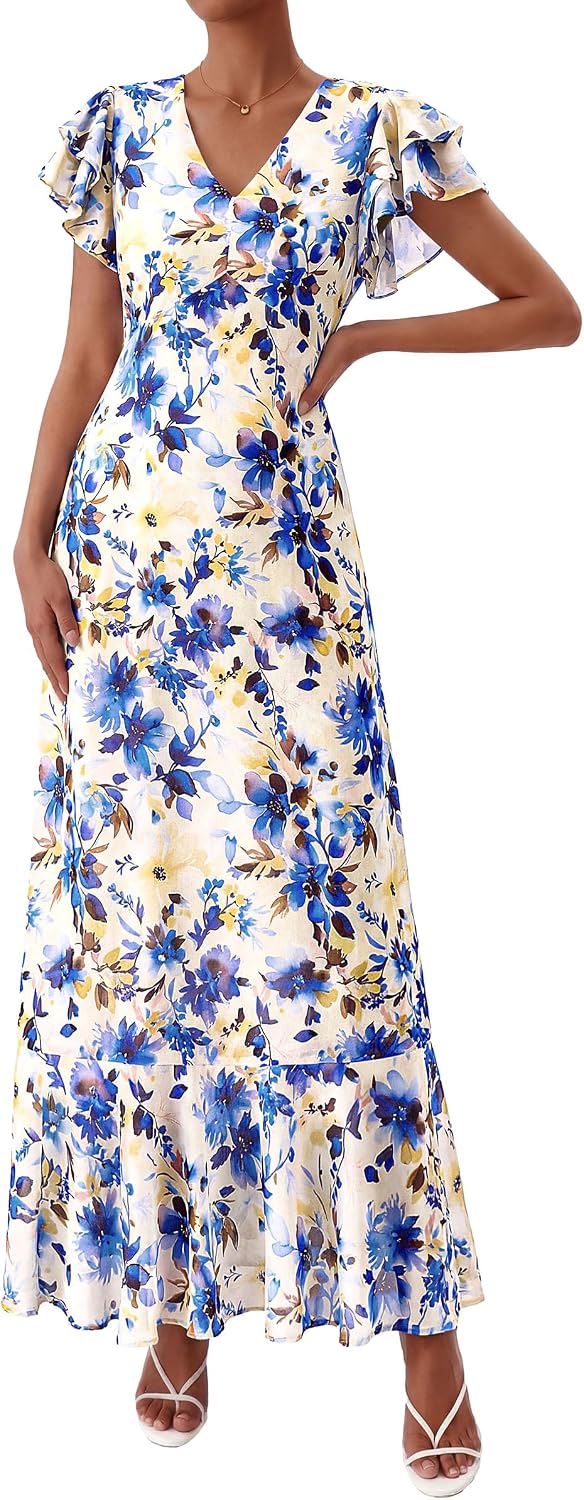 PRETTYGARDEN Womens Summer Boho Floral Maxi Dress | V Neck Ruffle Sleeve Tiered A-Line Sundress, Lightweight Flowy Long Dresses for Spring Wedding Guest, Cocktail Party, Cruise