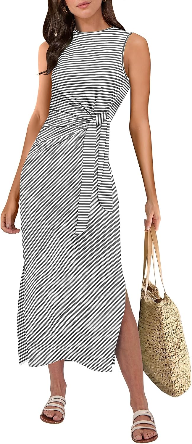 ANRABESS Women's Sleeveless T-Shirt Midi Tank Dress | Summer Casual, Slim Fit, Tie Waist Split Trendy Long Dresses, 2026 Travel Vacation Beach Sundress, Soft Comfy