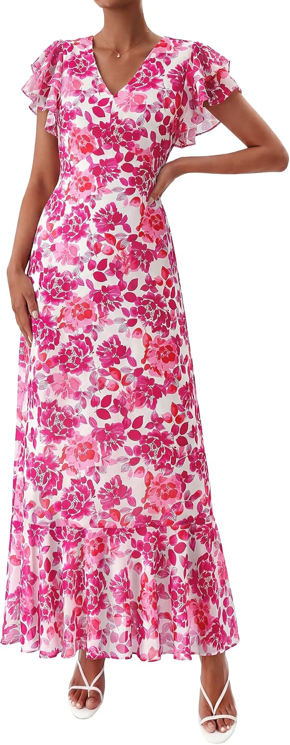 PRETTYGARDEN Womens Summer Boho Floral Maxi Dress | V Neck Ruffle Sleeve Tiered A-Line Sundress, Lightweight Flowy Long Dresses for Spring Wedding Guest, Cocktail Party, Cruise