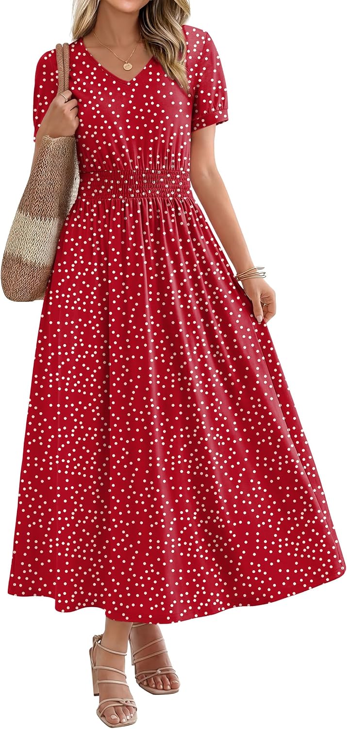 OFEEFAN Maxi Dresses for Women V Neck Ladies Midi Long Dress A Line Smocked Waisted Casual Summer Spring Clothes Boho Beach