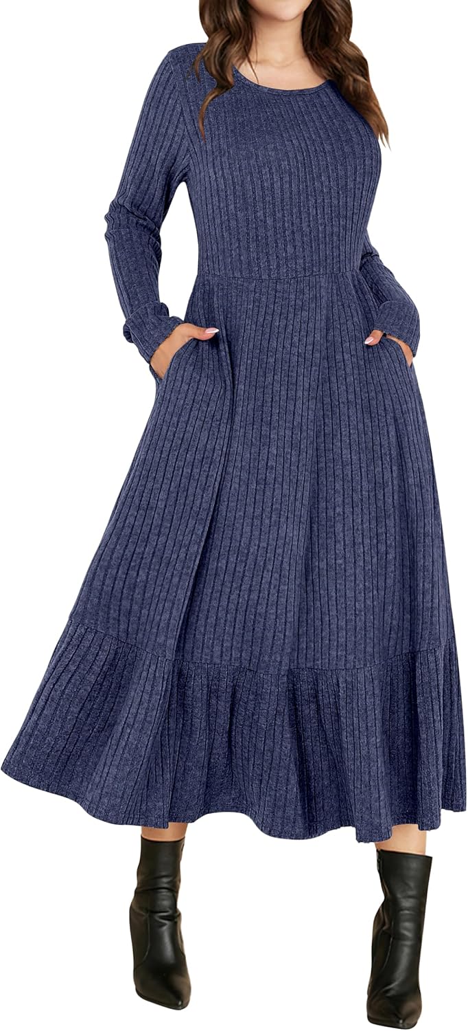 ANRABESS Womens Fall Long Sleeve Midi Dress | Crewneck Swing Flowy A Line Dresses, Soft Comfy Rib Knit, Casual Everyday Date Nights Wear, Minimal Elegant, Winter Layering