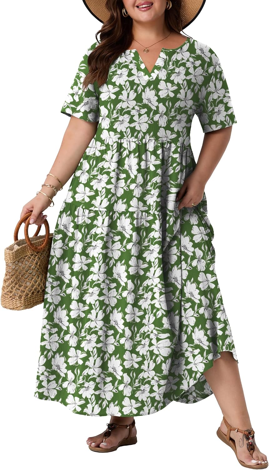 OLRIK Plus Size Maxi Dresses for Curvy Women - Flowy Boho Summer Dress with Pockets, V-Neck Short Sleeve for Beach Vacation