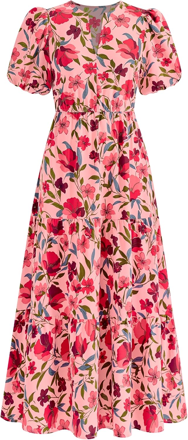 dowerme Women Summer Puff Short Sleeve Floral Boho Tiered Ruffle Maxi Dress | Casual V Neck Wedding Guest Dresses 2026,Fall Fashion A-Line Long Sundress with Pockets,Spring Flowy Beach Vacation Clothes