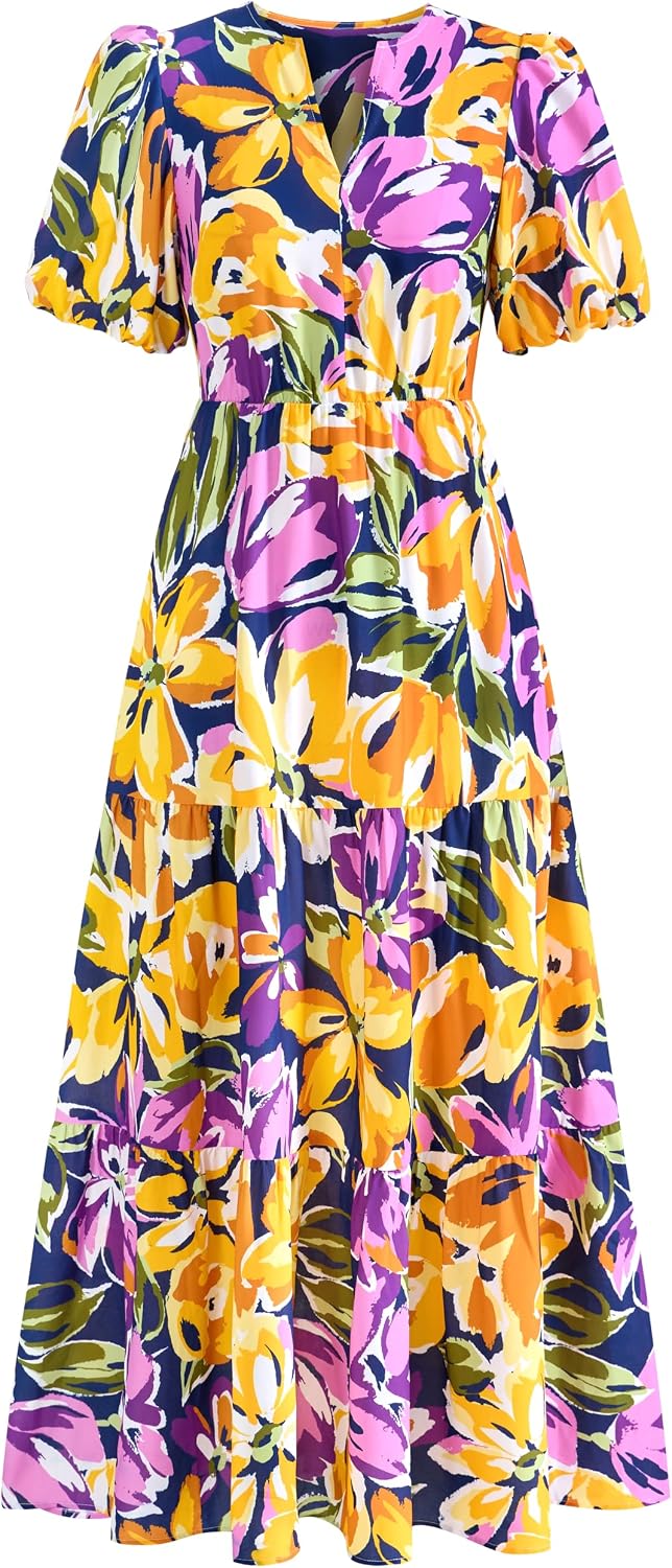 dowerme Women Summer Puff Short Sleeve Floral Boho Tiered Ruffle Maxi Dress | Casual V Neck Wedding Guest Dresses 2026,Fall Fashion A-Line Long Sundress with Pockets,Spring Flowy Beach Vacation Clothes