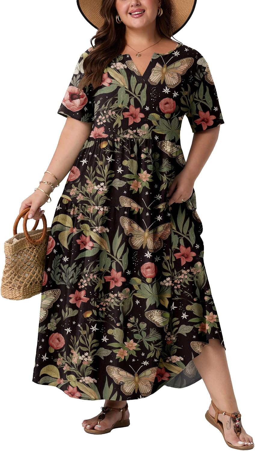 OLRIK Plus Size Maxi Dresses for Curvy Women - Flowy Boho Summer Dress with Pockets, V-Neck Short Sleeve for Beach Vacation