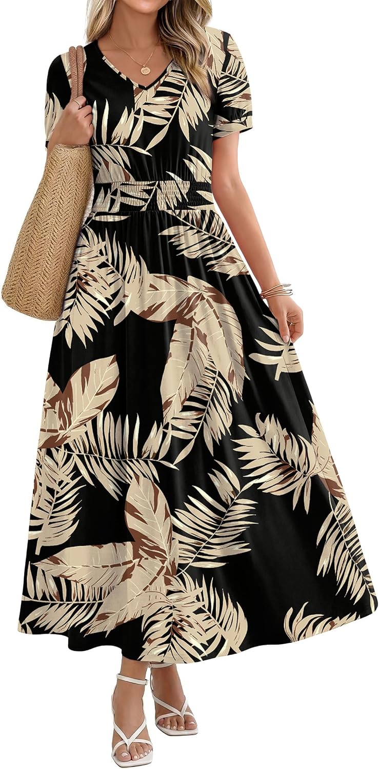 OFEEFAN Maxi Dresses for Women V Neck Ladies Midi Long Dress A Line Smocked Waisted Casual Summer Spring Clothes Boho Beach