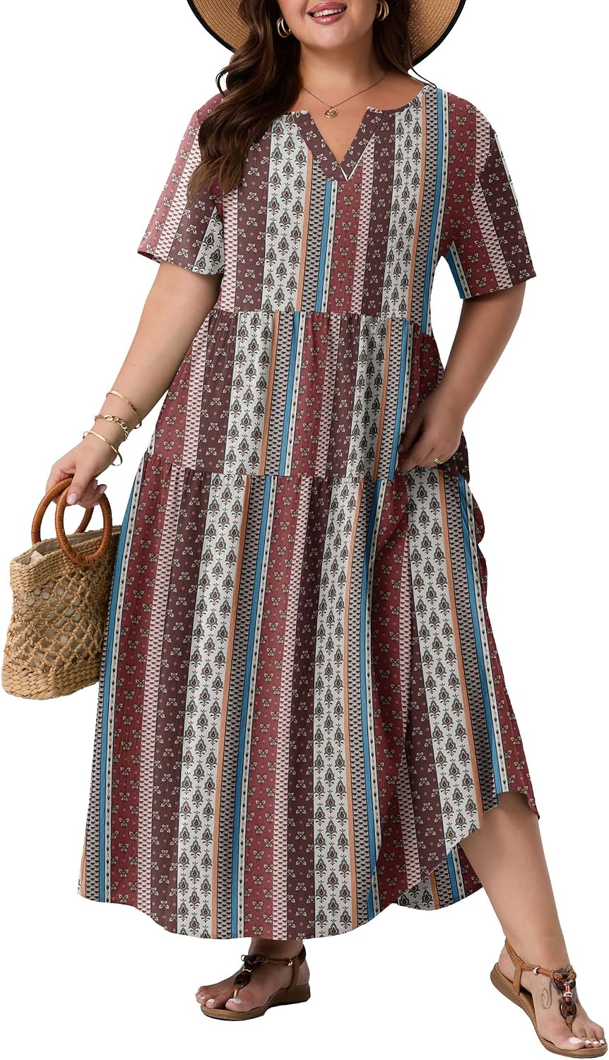 OLRIK Plus Size Maxi Dresses for Curvy Women - Flowy Boho Summer Dress with Pockets, V-Neck Short Sleeve for Beach Vacation