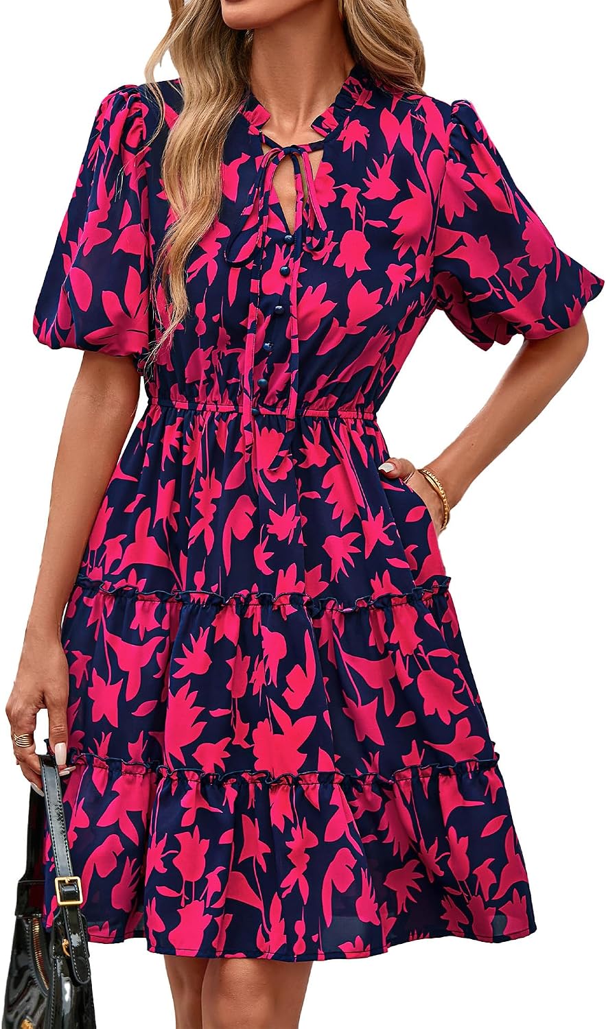 BTFBM Women Summer Floral Short Dresses V Neck Short Sleeve Tiered Ruffle Boho Swing Dress A-Line Mini Dresses