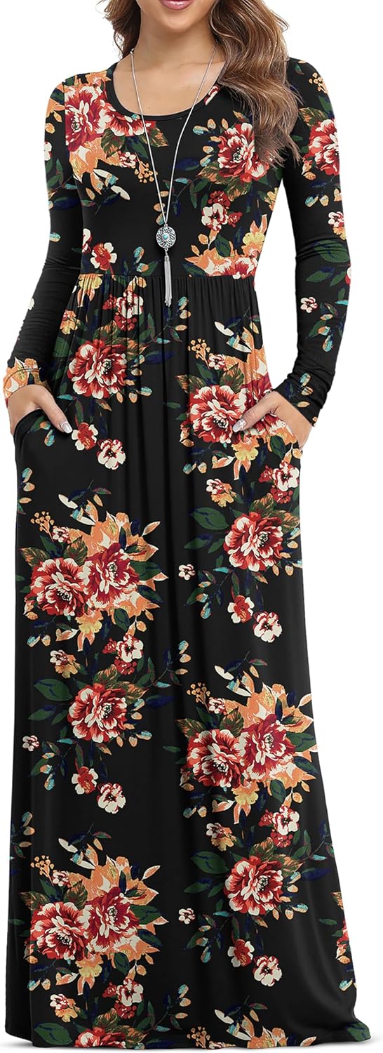 VIISHOW Women's Long Sleeve Casual Empire Waist Maxi Dress with Pockets | Soft stretch,Loose\u2011flowing dress,Full\u2011length cut,For church & daily occasions,Layer for cool Fall\u2011Winter,Casual to Formal