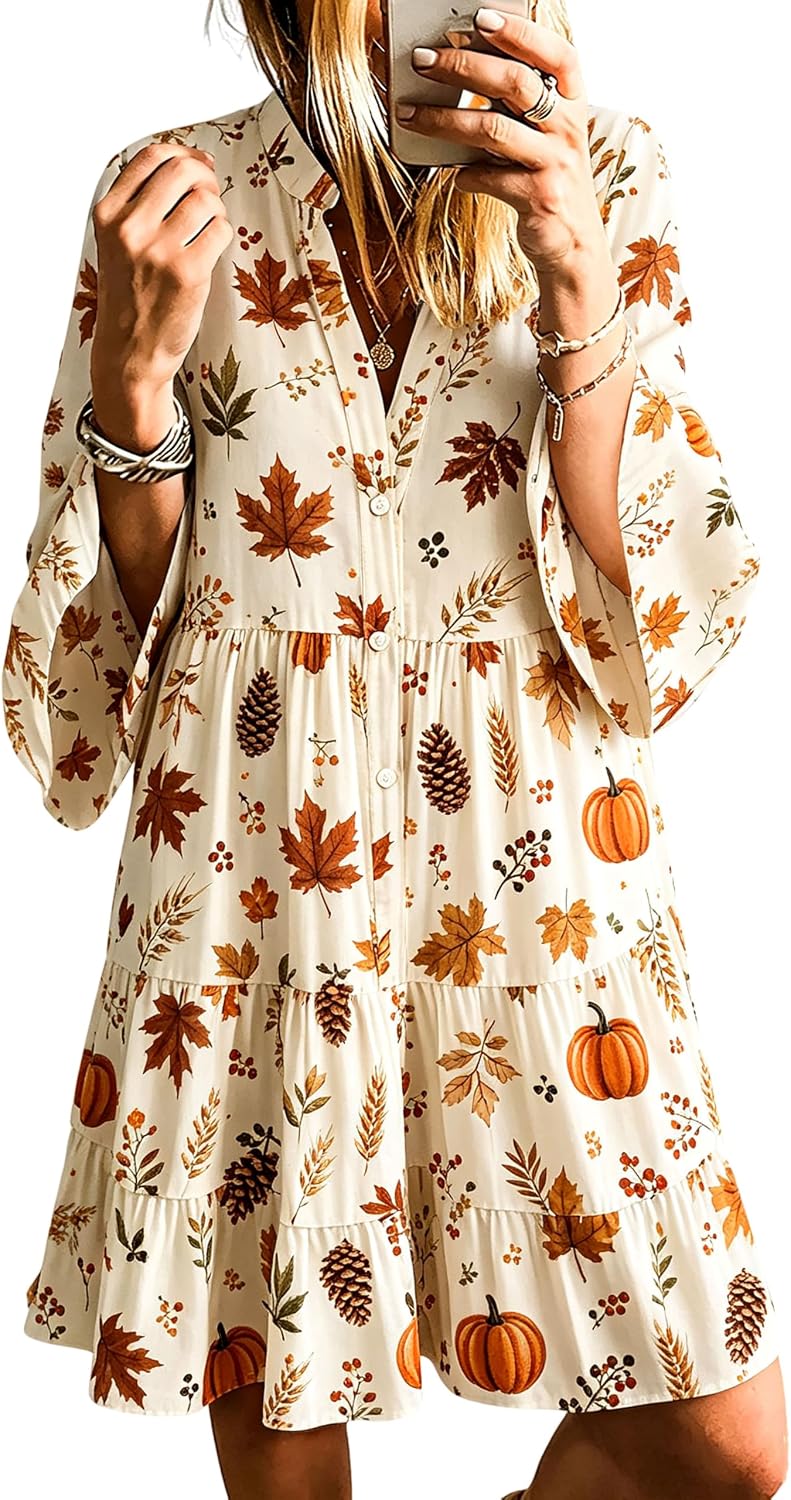 SELINK Womens Long Sleeve Dresses Casual V Neck Tribal Mini Beach Dress | flowy summer dress, front button, bell sleeve, boho, tiered, loose fit for vacation daily outfits