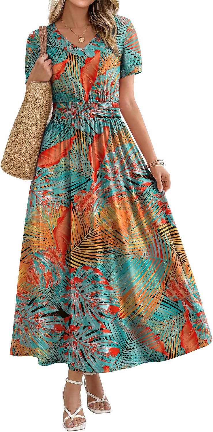 OFEEFAN Maxi Dresses for Women V Neck Ladies Midi Long Dress A Line Smocked Waisted Casual Summer Spring Clothes Boho Beach