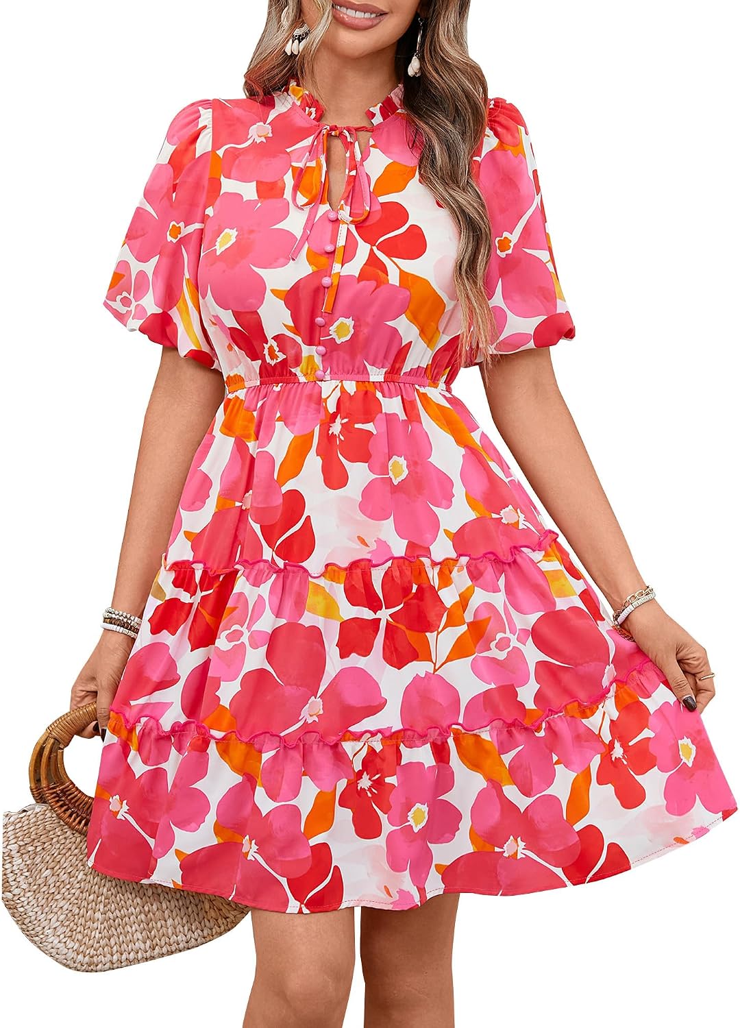 BTFBM Women Summer Floral Short Dresses V Neck Short Sleeve Tiered Ruffle Boho Swing Dress A-Line Mini Dresses