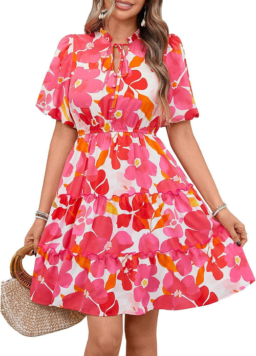 BTFBM Women Summer Floral Short Dresses V Neck Short Sleeve Tiered Ruffle Boho Swing Dress A-Line Mini Dresses