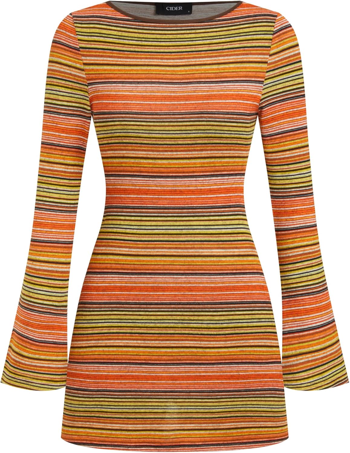 CIDER Women's Striped Jersey Boat Neck Bell Sleeve Flared Mini Dress | Fall Stretch Knit Everyday Apparel