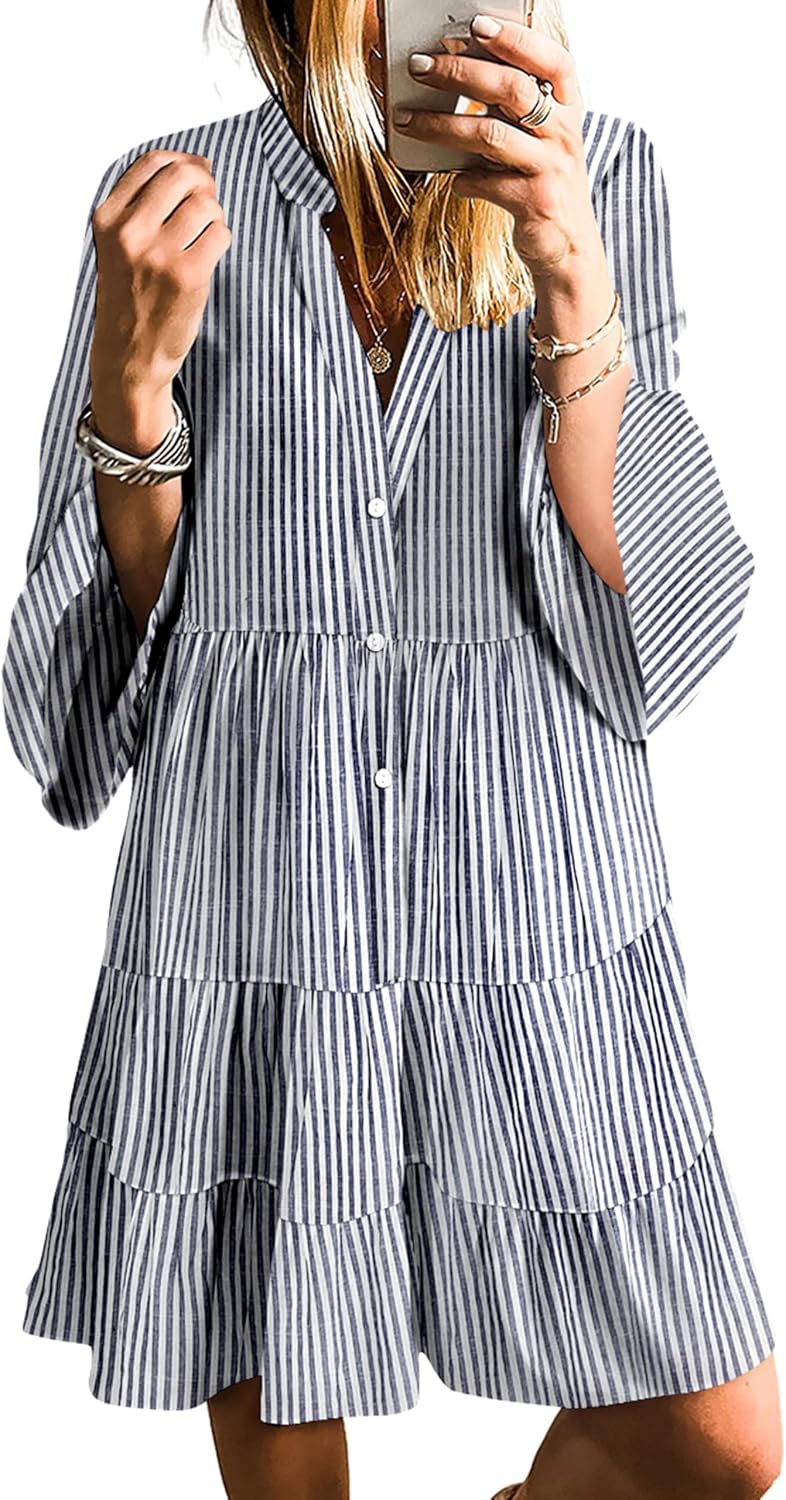 SELINK Womens Long Sleeve Dresses Casual V Neck Tribal Mini Beach Dress | flowy summer dress, front button, bell sleeve, boho, tiered, loose fit for vacation daily outfits