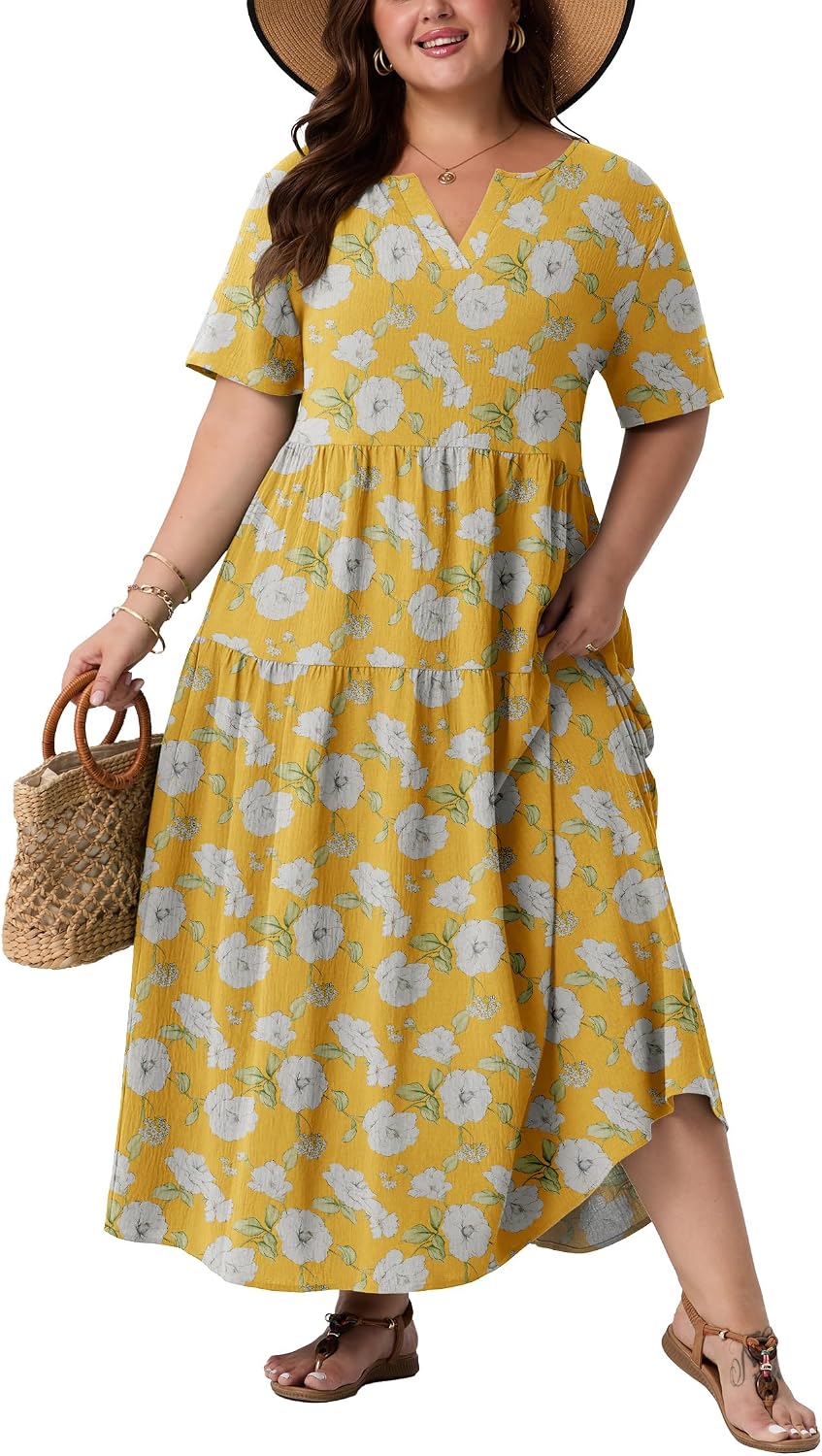 OLRIK Plus Size Maxi Dresses for Curvy Women - Flowy Boho Summer Dress with Pockets, V-Neck Short Sleeve for Beach Vacation
