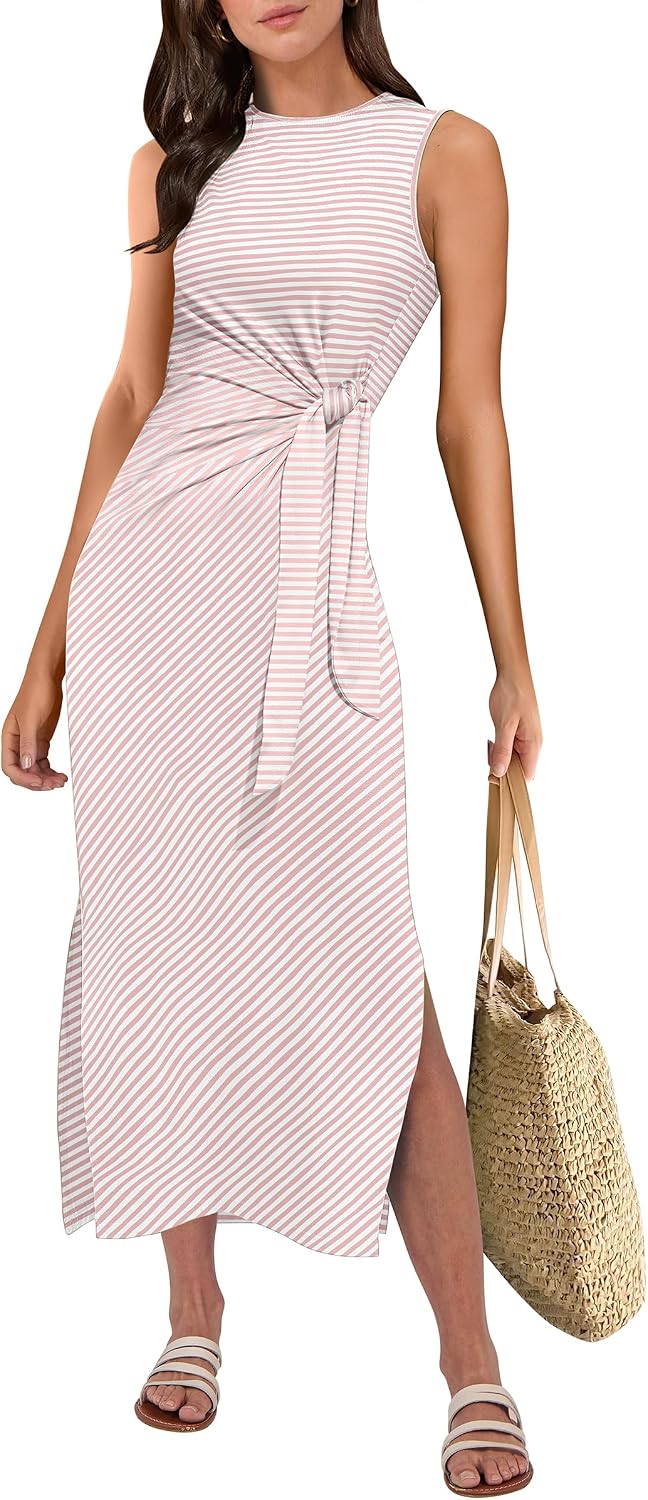 ANRABESS Women's Sleeveless T-Shirt Midi Tank Dress | Summer Casual, Slim Fit, Tie Waist Split Trendy Long Dresses, 2026 Travel Vacation Beach Sundress, Soft Comfy