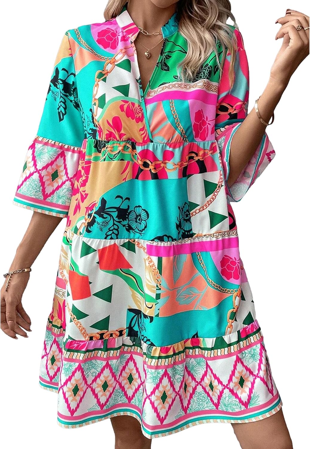 SELINK Womens Long Sleeve Dresses Casual V Neck Tribal Mini Beach Dress | flowy summer dress, front button, bell sleeve, boho, tiered, loose fit for vacation daily outfits